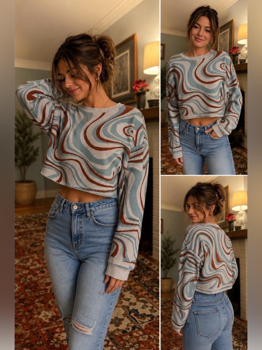 Originality Psychedelic Swirl Crop Sweater